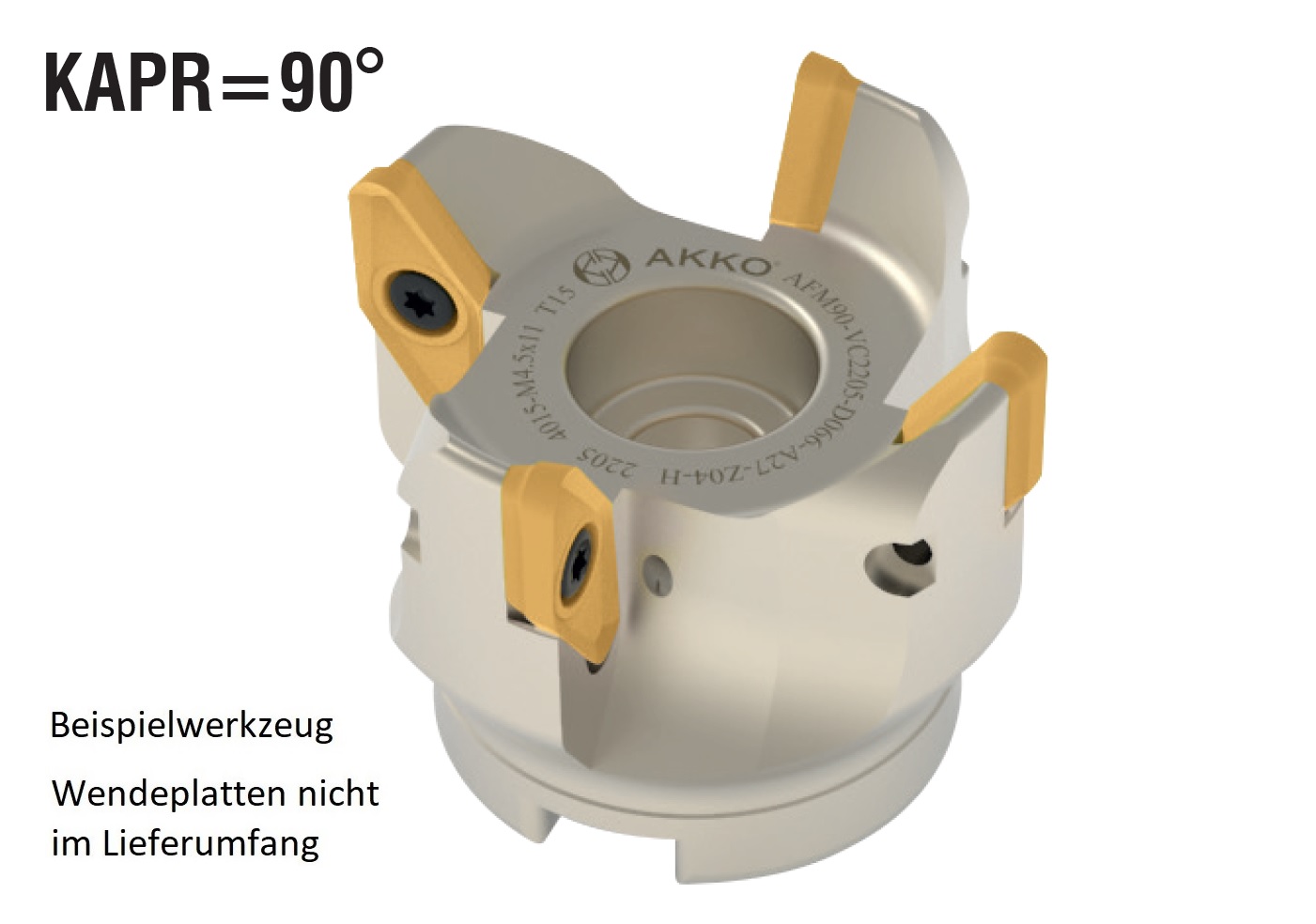 AKKO-Eckmesserkopf ø 80 mm, 90° Anstellwinkel, kompatibel mit ISO VCKT 2205..
Aufnahmebohrung ø 27 mm (Typ A), mit Innenkühlung, Z=5