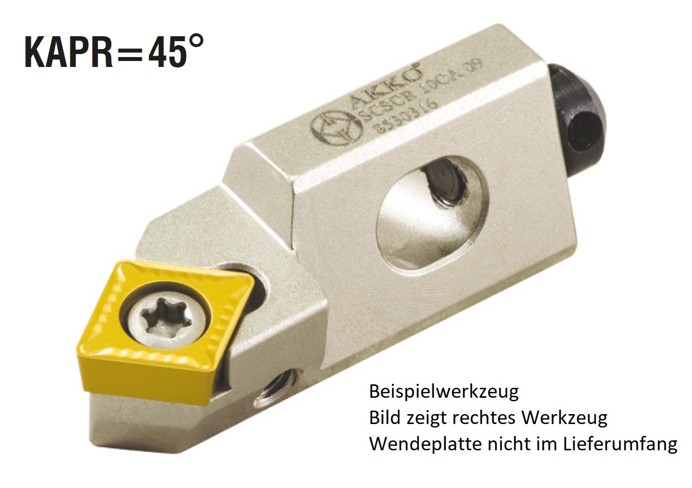 AKKO-Kurzdrehhalter für ISO-WSP CC.T 060204
rechts, 45° Anstellwinkel
