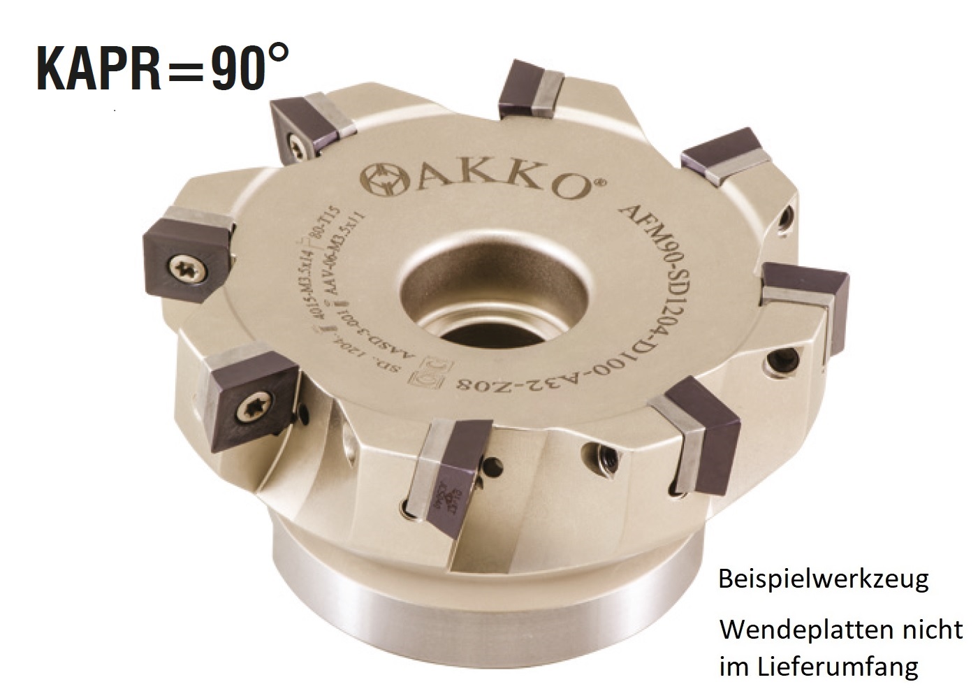 AKKO-Eckmesserkopf ø 63 mm, 90° Anstellwinkel, kompatibel mit Dijet SDMT 1204..
Schaft-Ausführung ø 22 mm (Typ A), mit Innenkühlung, Z=5