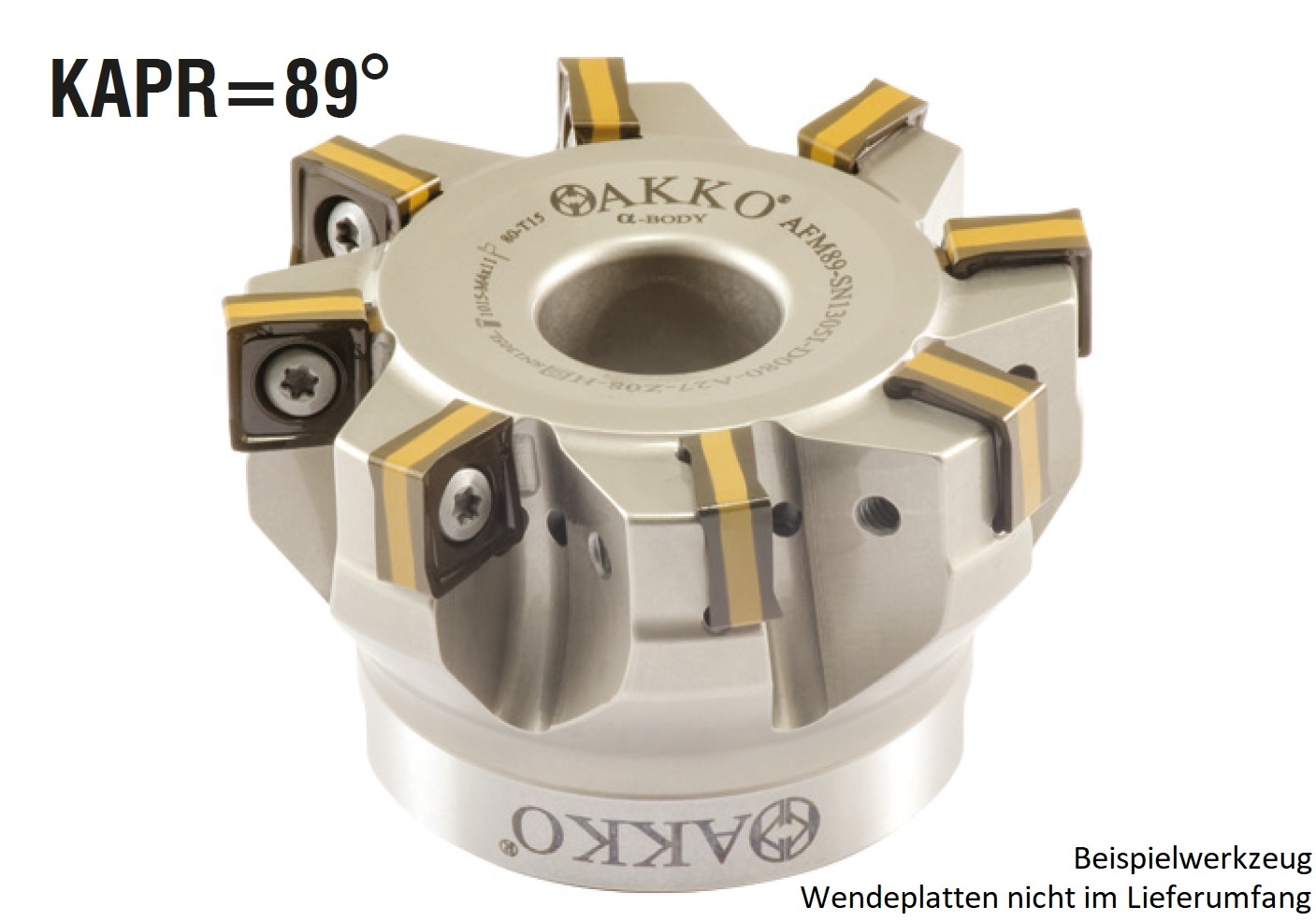AKKO-Eckmesserkopf ø 63 mm, 89° Anstellwinkel, kompatibel mit Iscar SNMU 1305..
Schaft-Ausführung ø 22 mm (Typ A), mit Innenkühlung, Z=6
