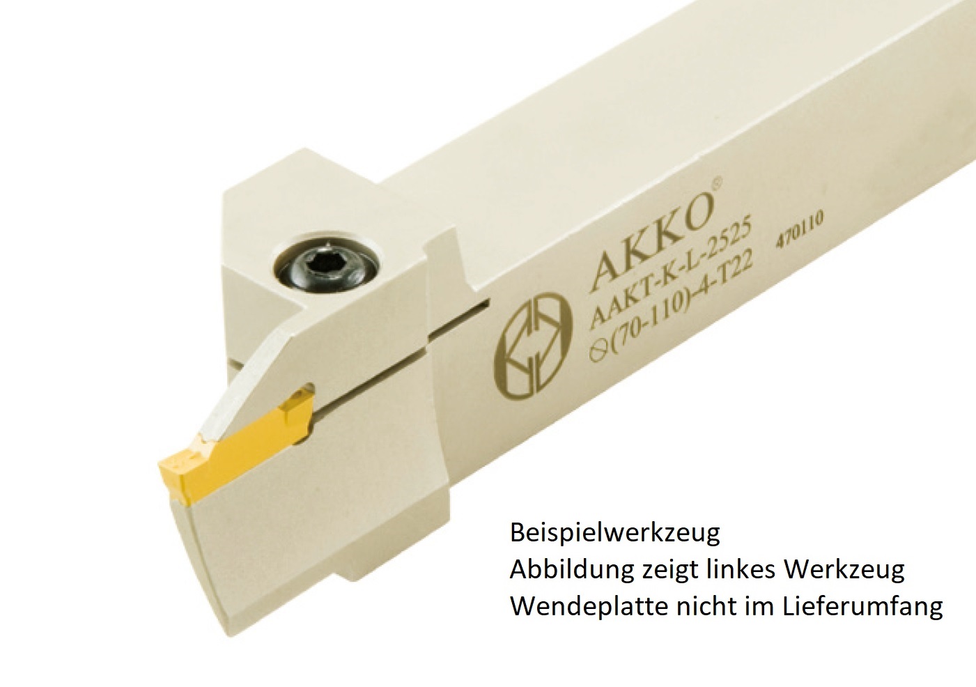 AKKO-Axial-Stechhalter, kompatibel mit Korloy-Stechplatte MGM.-4
Schaft-ø 25x25, Einstechbereich ø 70 - ø 110 mm, rechts